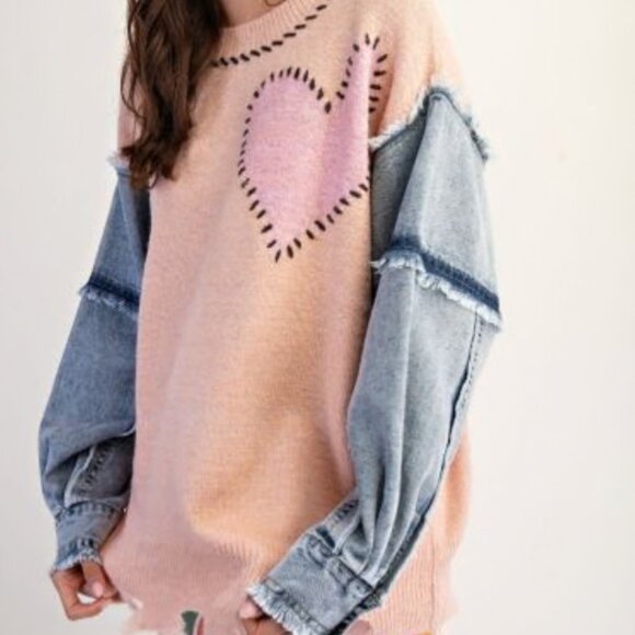 NWT LADIES SIZE S EASEL BLUSH HEART SWEATER CHAMBRAY DENIM LONG SLEEVES DISTRESS - Picture 2 of 6